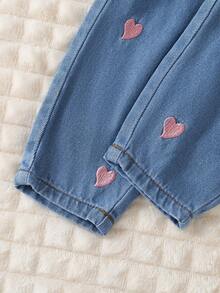 1件可愛女嬰精緻刺繡愛心舒適百搭牛仔長褲 春夏季 - 淺色水洗藍 - 查看 6