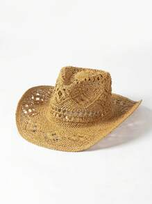 1pc Fashionable Handmade Straw Panama Hat, Bohemian Style Beach Sun Hat, UV Protection Sun Cap, Casual Windproof Hat