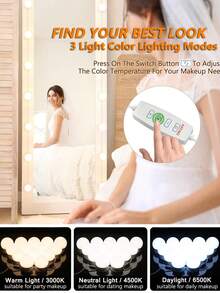 1pc Makeup Mirror Light, 16 Bulbs Dimmable Mirror Lights, 3 Light Color Vanity Mirror Light, Adjustable 22Ft Vanity Lighting Fixtures For Full Length Mirror (Mirror Not Included) - One Size - View 3