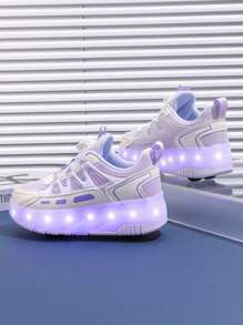 Zapatos de patines de ruedas para niños, zapatos de patinaje sobre ruedas para adolescentes, zapatos de patines de ruedas de cuero PU de doble rueda de 4 ruedas, zapatos con luces LED que se iluminan todo el año con carga USB, ruedas desmontables, patines de ruedas y patines de hielo 2 en 1