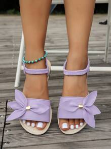Women's Round Toe Flat Sandals With Strap Tree Leaves & Bow Design, Comfortable Versatile Casual Beach Holiday Style