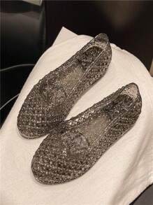 Women's Fashion Crystal Jelly Shoes, Flat Hollow Breathable Glitter Soft Bottom Non-Slip Princess Basic Sandals