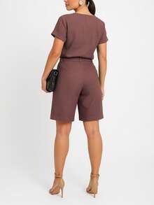 Women's Linen Set - Basic Blouse With Small V Neckline And Tailored Cycling Shorts | Elegance And Comfort - Rust Brown - View 5