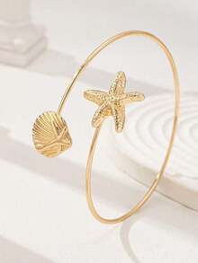 1pc Shell & Starfish Decor Arm Cuff Bracelet For Women, Summer Holiday - 黃金3 - 查看 3