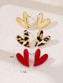 3 Pairs Fashion Personalized Metallic Enamel Leopard & Heart Stud Earring Set, Suitable For Party And Multiple Occasions For Women - 多色 5 - 查看 5