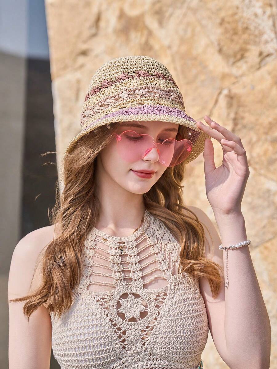 一款参考INS夏季韓式空心編織戶外防曬漁夫帽，休閒時尚透氣寬邊假日草編漁夫帽 - 卡其色 - 查看 1