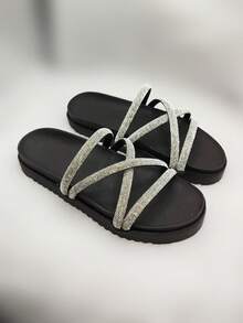 Women's  Platform Sandal With Shiny Rhinestone Straps, Lightweight And Comfortable, Blogger - Black X Glossy - View 2