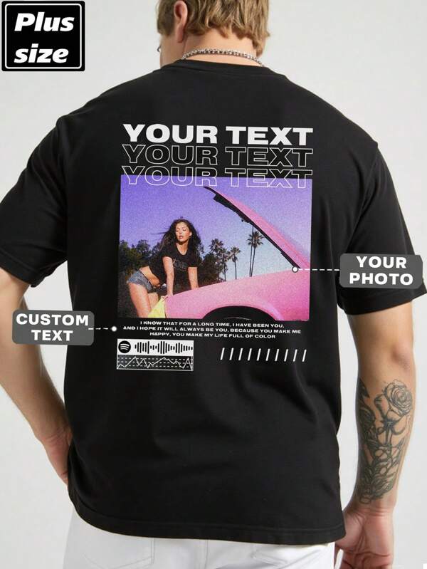 Personalisierbare Herren Große Größen Sommer Kurzarm T-Shirt mit eigenem Text/Grafik-Muster, lade dein eigenes Bild/Foto/Selfie/Landschaft hoch, individualisiere Text/Segen/Zitat/Slogan/Name, schwarzes T-Shirt in Große Größen, Individuelles Design, kreatives Geschenk, Paaroutfit, Teamuniform, Firmenbekleidung, Mindestbestellmenge 1 Stück, Werbe-Event Shirt, Feiertags-Geschenk, Teamausstattung