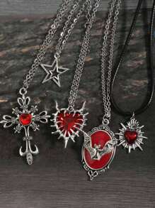5 Stücke/Set Y2K Retro Goth Punk Rock Stil Strass Kreuz Dorn Herz Edelstein Fledermaus Feuer Herz Stern Edelstahl Ketten Halsketten, Boho Chic Herz Schloss Anhänger Halsketten Set