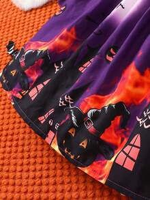 Young Girls Halloween Pumpkin Print Long Sleeve Dress With Hat, Autumn - Purple - View 5