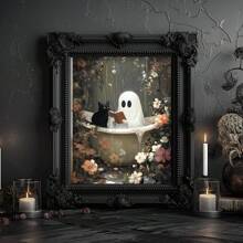 1 pezzo Fantasma nella vasca da bagno che legge con un gatto nero, opera d'arte murale per decorazione gotica da bagno, cartellone vintage senza cornice su tela per bagno/soggiorno/camera da letto gotica, regalo perfetto per Ognissanti e decorazione per feste (pittura gotica, pitture, stampe murali, stampe da parete, cartellone funky, ritorno a scuola, vacanze, spiaggia, laurea)
