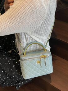 1 pieza Bolso tipo caja con diseño minimalista y patrón romboidal de BEIKAMU, nueva y elegante bolsa de maquillaje y monedero con cadena para el hombro y cruzada