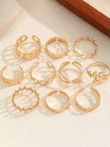 10件金色戒指套装欧美复古十字架叶子镂空爱心不对称戒指简约百搭 - 金色 - 查看 5