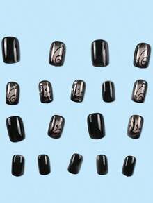 24pcs Short Black Square Shaped Nail Wraps Adorned With Mysterious Vines & Rhinestones, Press-On Nails, Suitable Women And Girls Nail Supplies - 黑色 - 查看 3