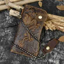 Men's Long Chain Wallet Bifold Wallet Leather Credit ID Cards Holder Biker Trucker Heavy Thick - 淺棕色龍 - 查看 1