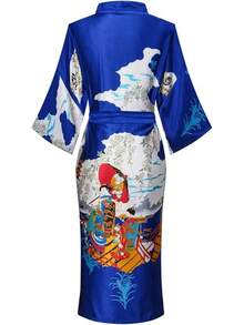 DandyChic Women's Long Floral Satin Robes Imitation Silk Sleepwear Bridal Dressing Gown For Bridesmaid Nightgownhalloween - 寶藍色 - 查看 3