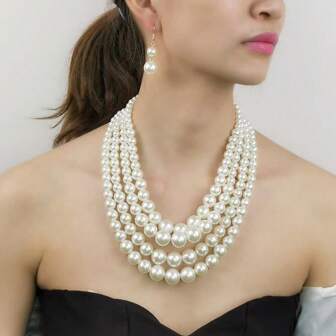 1pc Handmade Layered Exaggerated Bamboo & Plastic Bohemian Necklace With 1 Pair Earrings