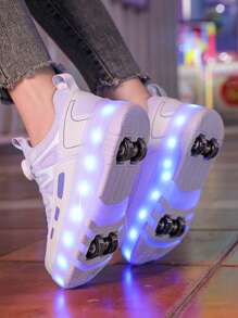 Zapatos de patines de ruedas para niños, zapatos de patinaje sobre ruedas para adolescentes, zapatos de patines de ruedas de cuero PU de doble rueda de 4 ruedas, zapatos con luces LED que se iluminan todo el año con carga USB, ruedas desmontables, patines de ruedas y patines de hielo 2 en 1