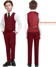 Boys Formal Suit Set - Suspenders Adjustable Waist Ring Bearer - Burgundy Vest - 查看 4