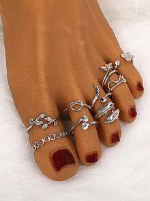 Set de 9 piezas de tobilleras ajustables, incluye formas de serpiente, mariposa, libélula, delfín, corazón, hoja y otras, adecuado para mujeres y niñas - Plateado - Ver 1