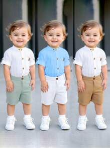 Set da 6 pezzi Outfit per bambini maschio, composto da camicia con colletto alla coreana e pantaloncini comodi, in stile britannico