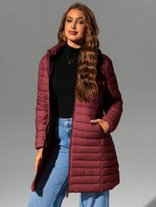 Giolshon 女士休闲连帽外套，带口袋，加厚设计，轻便透气，适合日常穿着，秋冬季节穿着。 - 酒紅色 - 查看 3