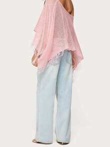 Women's Crochet Coverups With Tassels Loose Solid Color Hollowed Off Shoulder Swimsuit Cover Up Tops Beachwear - 粉色 - 查看 4