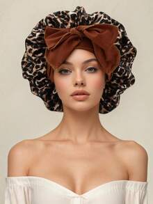 1 件豹纹飘带圆帽，女式睡帽，适合卷发，有助于护发，弹性，系带帽，睡眠帽，粉色帽，教堂女士帽。
