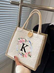 1 pezzo Borsa Shopper in lino con stampa a corona e lettera, borsa per damigelle, portamonete/portafoglio trucchi, borsa da viaggio per trucchi di grande capacità, borsa tote multifunzionale e portatile per insegnanti, regalo da donna, regalo per la festa degli insegnanti, borsa da viaggio e tempo libero, nuova borsa da shopping alla moda, adatta per uso quotidiano, appuntamenti, compleanni, vacanze, ritorno a scuola, spiaggia, viaggi, pendolarismo, affari, studenti, picnic, campeggio, supermercato, storage quotidiano