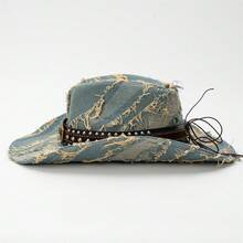 Denim Cowgirl Hat For Women Men Bull Head Belt Distressed Wide Brim Western Cap For Mardi Gras Party - 藍色 - 查看 7
