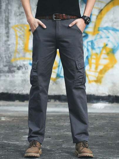 Pantalones de trabajo multibolsillos rectos de algodón Vintage para hombre