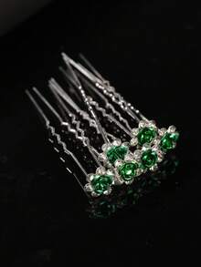 6 件银色发夹，带仿珍珠和水晶，U 型发夹，新娘花卉发夹，适合婚礼发型