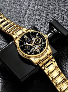 Relógio masculino de escala romana, modelo fashion, 1 peça | Pulseira de aço inoxidável e movimento de quartzo com calendário, relógio masculino de disco grande | Adequado para presentes de aniversário, presentes de formatura, presentes de Halloween