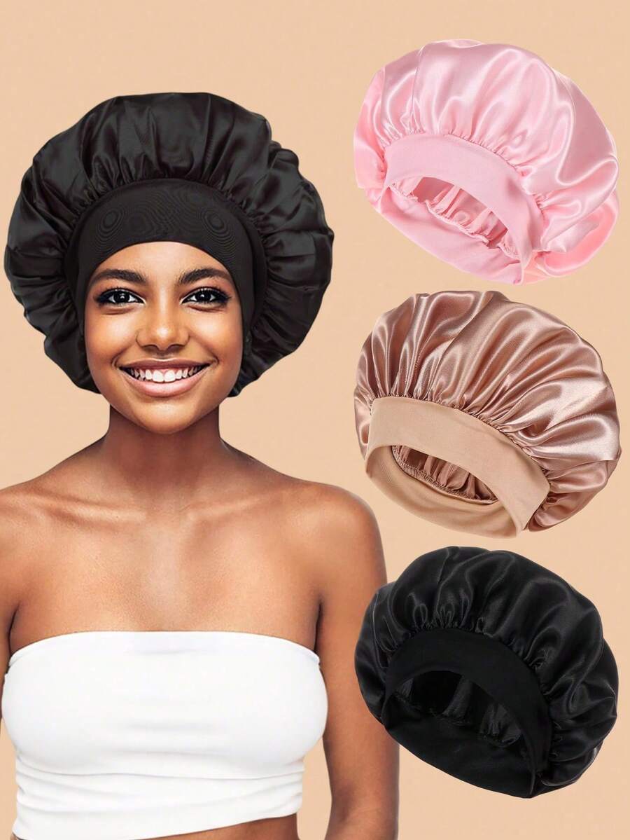 1 件装缎面软边松卷睡帽，大号，涤纶材质，护发帽 - 彩色 - 查看 1