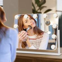 360°化妆镜，带11个LED灯泡，带照明的穿衣镜，带可拆卸镜带的化妆镜，5倍放大，带照明的化妆镜，智能触摸屏控制，发光，明亮的镜子，大尺寸，带3种照明模式，重返校园 - 11 led-5 X - 查看 8