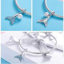 WOSTU 1 Stück 925 Sterling Silber Charm Muschel Meerjungfrau Fischschwanz mit blauem CZ Stein für Halskette & Armband DIY Sommer Schmuckgeschenk