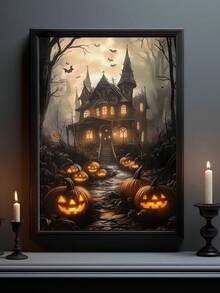 1 Stück gerahmte Leinwand Wandkunst, bereit zum Aufhängen, wasserdicht, Wandkunst, Poster, gerahmtes Wandgemälde, Herbst, Halloween, Horror Spukhaus Leinwandgemälde, Kürbis Party Wandkunst, gotische Halloween Dekoration, Heimdekoration, Herbstdekoration, Raumdekoration - Verschiedenfarbig - Übersicht 3