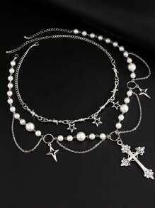 2pcs/Set Fashionable Minimalist Elegant Star Tassel Chain Cross Men Necklace Set, Ideal Gifts For Men, Friends And Families