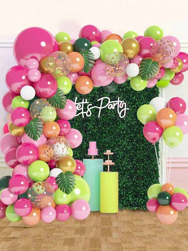 Set de 100 piezas de kit de arco de globos con tema tropical, kit de guirnalda de globos de color rosa intenso y multicolor para decoración de cumpleaños, boda, fiesta hawaiana, luau o playa de verano