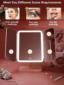 1个三折LED化妆镜，3倍/2倍/1倍放大倍率，便携式高清化妆镜，亮度可调，可折叠设计带支架和三色灯光，内置800mAh可充电电池，USB充电，方便旅行携带，带触摸屏调光功能，是送给女性的最佳礼物，情人节礼物，圣诞节礼物。