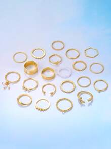 21 pièces/set Bague en métal avec cœur, papillon, étoile, faux-perles, strass, géométrique, ajouré, tressé, croisé, large. Ensemble de bagues à la mode, simples, élégantes, vintage. Cadeau pour les festivals, les vacances, les fêtes, l'usage quotidien