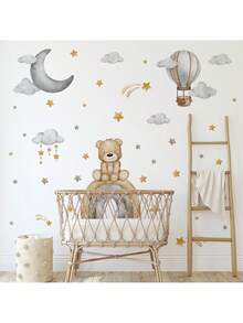 卡通熊与气球和云朵墙贴花 - 可爱儿童房贴纸，适用于儿童房，可移除防水墙壁艺术 - 彩色 - 查看 1
