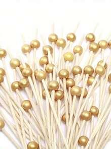 500/200/100PCS Cocktail Picks, Fancy Toothpicks For Appetizers, Decorative Skewers For Appetizers Drinks Party Fruit, 4.7 Inch Long Wooden Bamboo Gold Ball Food Sticks Charcuterie Boards Accessories