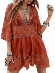 Women's Contrast Lace Loose Swimsuit Cover Up Beach Dress - Swimwear 2025 IBGX - Red - View 1