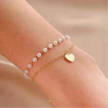 1pc Versatile Pearl Decor Double Layer Chain Pendant Bracelet For Women, Commuting, Daily, Dating