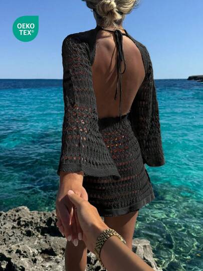 Vestido Longo de Crochet Cobre Tudo com Manga Longa, Decote Nas Costas, Estilo Boêmio Sexy, para Praia, Primavera Verão, para Mulheres