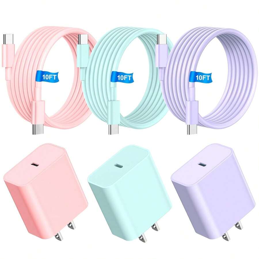 10FT/3M Tương thích với Bộ sạc iPhone Sạc nhanh, 1-3 Gói Bộ sạc USB C 20W, Cáp sạc tường USB C 60W 10FT, Tương thích với iPhone 15/16 Pro/Max/Plus - Sạc điện thoại Nan Xanh lá Tím Hồng Trắng - Xem 1