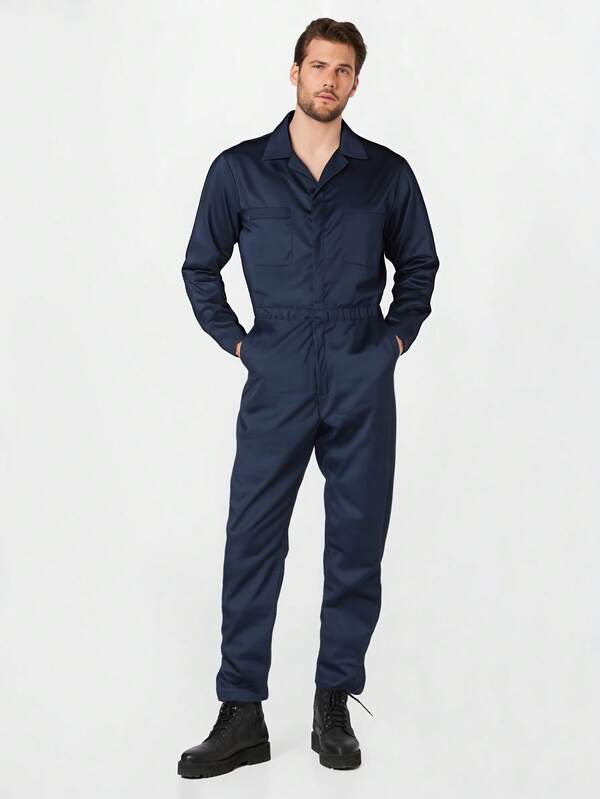 Men's One Piece Long Sleeve Mechanics Workwear, Stylish Work Coveralls, Snap And Zip-Front Coverall Lightweight Coverall.