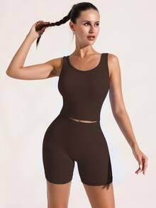 女士高腰弹力纯色百搭短裤，适合户外、度假、健身房、运动