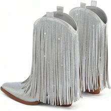 Women's Cowboy Boots, Western Cowboy Boots, Pointed Toe, Chunky Heel, Slip-On Wide Boots, Sparkling Tassel Decoration - Bạc - Xem 8